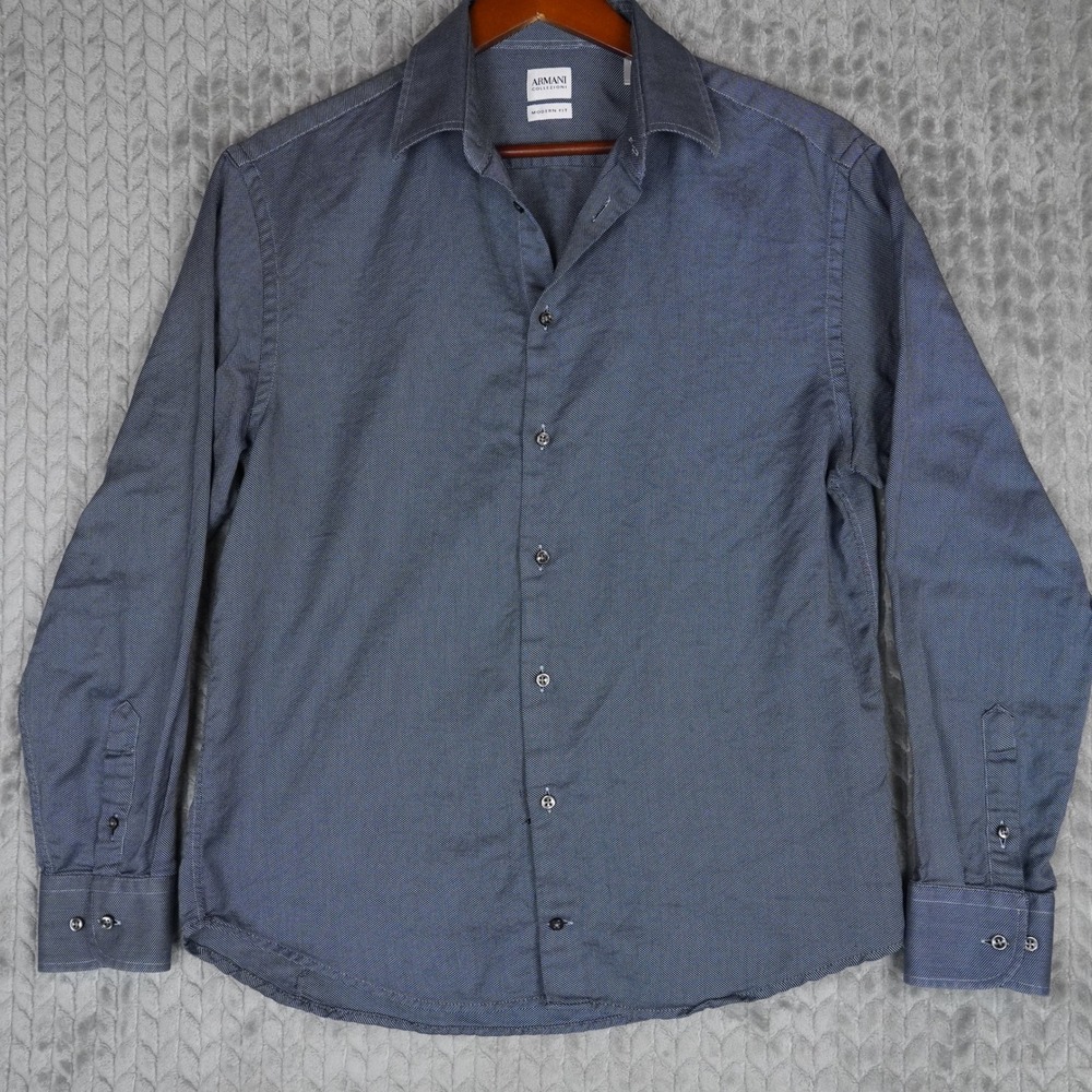 Armani Collezioni Shirt Mens 15.5 Blue Micro Pattern Modern Fit Long Sleeve